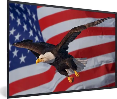 Produktbild von MuchoWow® Gerahmtes Poster Amerikanischer Weißkopfseeadler vor der amerikanischen Flagge 90x60 cm - Poster mit Schwarzem Bilderrahmen Wandposter Rahmen Foto Bilder - Fotorahmen - Foto-Plakat