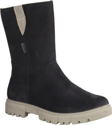 A single black boot with a beige sole and beige accents at the top.