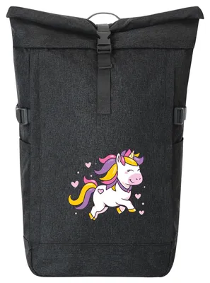 Produktbild von Huuraa Kurierrucksack Einhorn Comic 30-44 Liter Black Melange Fairtrade Rolltop Rucksack Geschenkidee