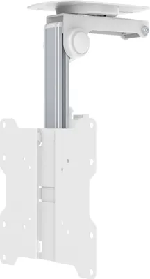 A white and gray adjustable mount for a tablet or iPad, designed to attach to a car's headrest.