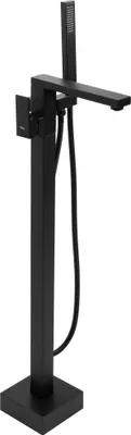 A black freestanding bathtub faucet with a handheld showerhead.