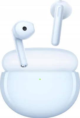 A pair of blue wireless earbuds and their charging case are displayed against a white background.