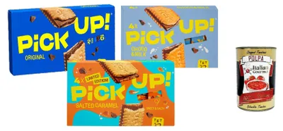 Produktbild von Pick Up Testpaket ,Milchschokoladentafel im Doppelkeks, 3x 112g Packung, Jede Packung enthält 4 Kekse à 28g + Italian Gourmet Polpa di Pomodoro 400g Dose