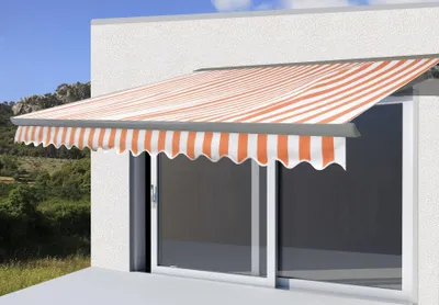 Produktbild von Elektrische Kassetten-Markise T122, Vollkassette Volant 4x3m  Polyester Orange/Weiß, grau