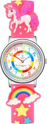 Produktbild von Alienwork Einhorn Lernuhr Kinderuhr Mädchen Uhrzeit lernen Silber Kautschuk-Armband Rosa Mehrfarbig Kinder-Uhr Wasserdicht 5 ATM Zeit Lernen