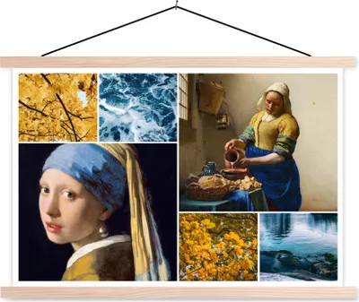 Produktbild von MuchoWow® Textilposter Vermeer - Collage - Milchmädchen 120x80 cm mit holzfarbenen Rahmen - Aufhängeset