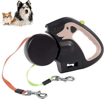 Produktbild von Doppelter Hundeleine 3 m, für 2 Hunde, anti-verheddern, mit Taschenlampe und Kotbeutelhalter, zum Gassi