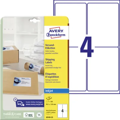 Obrázok produktu pre Avery J8169-25, Biela, Inkjet, 99.1 x 139 mm, A4, 25 listy, 100 kusov