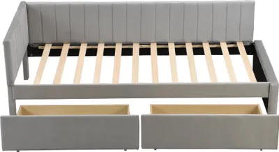 Produktbild von Flieks Polsterbett 90x200cm mit Lattenrost, Tagesbett Schlafsofa mit 2 Schubladen, Einzelbett Gästebett Daybett Jugendbett Sofabett, Samt, Grau