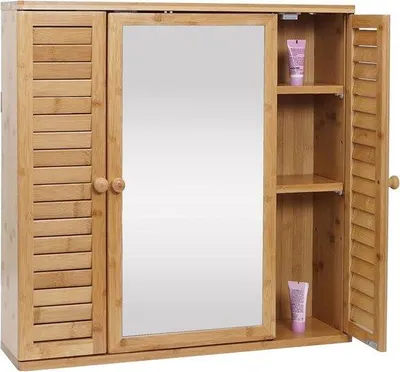 Imagen del producto de Espejo con armario de bambú, 60x60x15 cm. Mueble de pared con 3 puertas y paneles de madera para la ducha