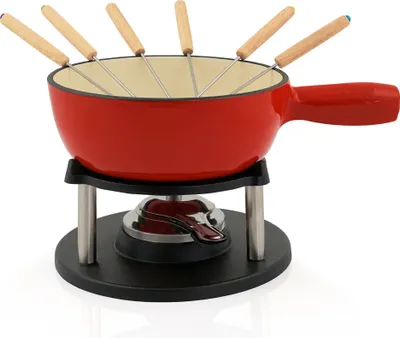 A red fondue pot with wooden-handled fondue forks on a black stand with a burner.