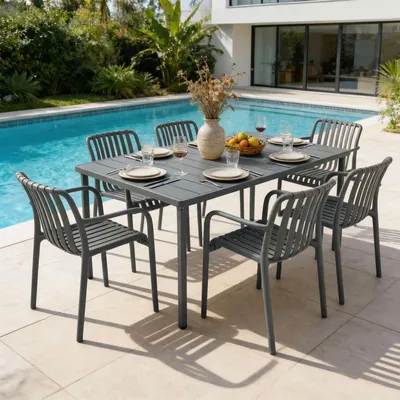 Produktbild von Gartenmöbel Set TULIPANO mit 1 Tisch & 6 Stühle in grau. Wetterfestes Aluminium & UV-beständiges Kunststoff. Outdoor Sitzgruppe für Terrasse & Balkon.