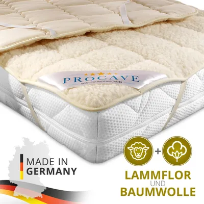 Produktbild von PROCAVE Lammflor Unterbett gefüllt mit Schurwolle in verschiedenen Größen - Matratzenauflage 180x200 cm mit 4 Eckgummis als Matratzenschoner - Soft-Matratzen-Topper