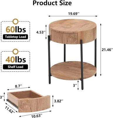 Productafbeelding van Bijzettafel - Salontafel en nachtkastje - Twee niveaus - Met lade - Hout - Metalen poten - 46 x 46 x 70 cm