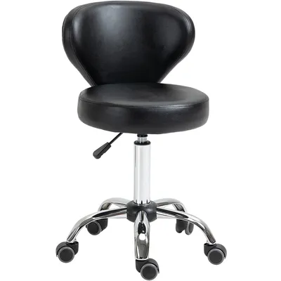 Produktbild von HOMCOM Rollhocker Massagehocker – 360° drehbarer Arbeitshocker – verstellbarer Sitz 49-64H cm, ergonomische Rückenlehne – verchromtes Metall, schwarzer Synthetikbezug