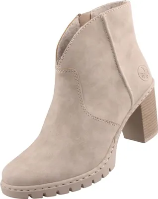 A single beige women's boot with a block heel is shown against a white background.