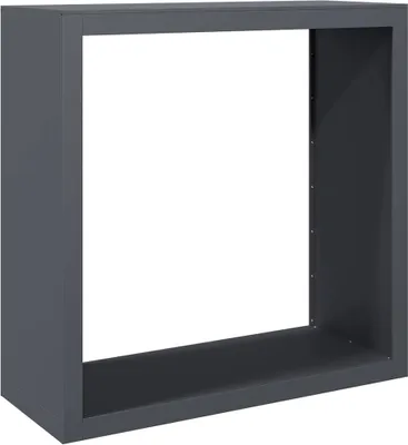A dark gray, open cube-shaped shelf unit, likely for firewood, shown against a white background.