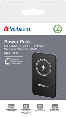 Obrázek produktu pro Verbatim Charge 'n' Go, 5000 mAh, Lithium-polymerová (LiPo), Quick Charge 3.0, Bezdrátové nabíjení, Černá