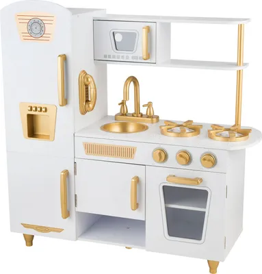 Produktbild von 4iQ Große Spielküche Speilzeug Küche aus Holz für Kinder KitchenJoy Weiß 85,5x33x88 cm mit Kühlschrank, Zubehör und mit goldenen Akzenten