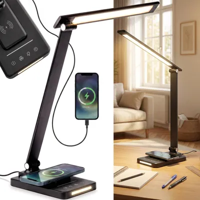 Produktbild von LUMILED LED Schreibtischlampe URSA 6W 350lm Dimmbar mit kabelloser Ladefunktion 5 Lichtfarben 3000–6500K CCT Touch-Steuerung 60-Min.-Timer Memory-Funktion Nachtlicht 360° drehbar