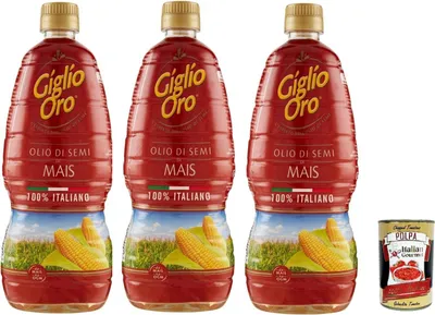 Produktbild von Carapelli Giglio Oro Olio di Semi di mais, Maiskeimöl, Speiseöl, Küchenöl, Frittieröl 100% Italienisches Öl 3x 1Lt + Italian Gourmet polpa 400g