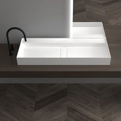Produktbild von BERNSTEIN Mineralguss Solid Stone Waschbecken, Weiß matt, Eckig, Wandmontage, TWG211, pflegeleicht, ohne Überlauf, für Zweifach-Armatur, 80/100/120 cm