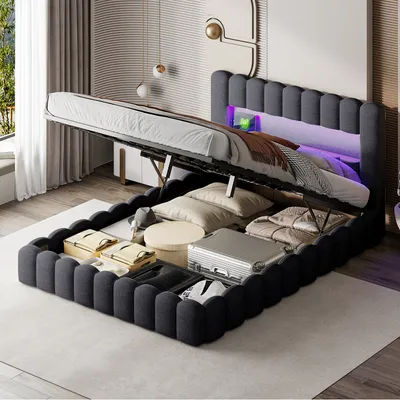 Obrázek produktu pro CDGlobal čalouněná postel 180x200 cm, postel s hydraulickým roštem, postel s lamelovým roštem, čtecí lampička s funkcí nabíjení USB/LED čelo postele, úložný prostor dvoulůžko postel pro mladé