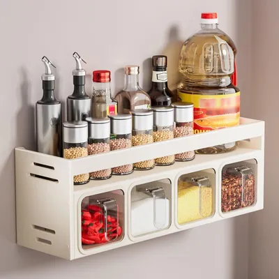 Produktbild von Gewürzregal mit Gewürzgläsern, freistehend und zur Wandmontage, Gewürzgläser aus Glas, Gewürzständer, Organizer für Arbeitsplatten und Küchenschränke, zum Aufhängen ohne Bohren.