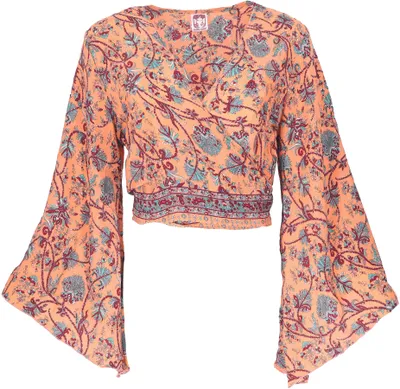 Produktbild von Kurztop, Boho Blusentop, Wickeltop, Wickelbluse mit Trompetenärmel - Apricot, Damen, Orange, Polyester, Blusen & Tunikas