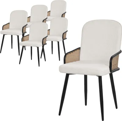 Zdjęcie produktu dla ML-Design zestaw 6 krzeseł do jadalni Beżowe krzesła kuchenne pokryte tkaniną z rattanowymi podłokietnikami Tapicerowane krzesła z metalowymi nogami Ergonomiczny fotel