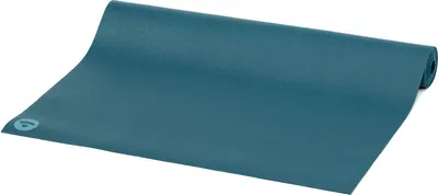 A teal yoga mat is partially unrolled on a white background.