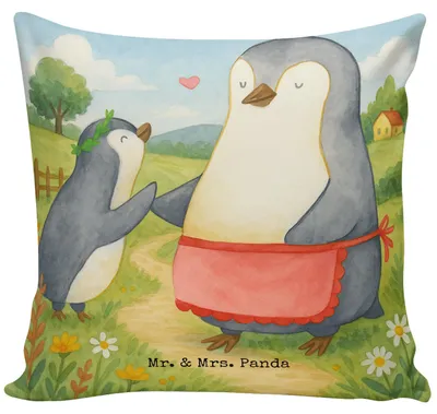 Produktbild von Mr. & Mrs. Panda kuschelkissen 40x40 Pinguin mit Kind Design - Weiß - Geschenk, zier kissen, Vorbild Mama, für sofa, Polster, Couchkissen, Mutter, Mutti, Muttertag, Mami