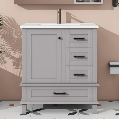 Image de OKWISH Meuble de Salle de Bain avec Lavabo Encastré et 3 Portes - MDF + Bois de Pin - 76x46x83,5 cm - Gris