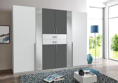 Zdjęcie produktu dla Kleiderschrank "Vanea" in WEISS + GRAPHIT mit 8 Türen und 4 Einlegeböden. Abmessungen (BxHxT) 270x210x58 cm