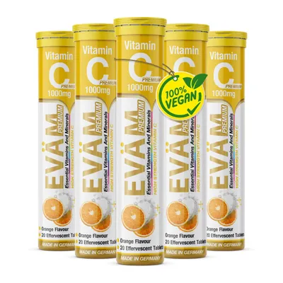 Produktbild von EVÄM Vitamin C 1000 mg Brausetabletten – Immunsystem, Hochdosiert 1250% NRV, Vegan und  Zuckerfrei,  Germany, Orangengeschmack, 5er Pack