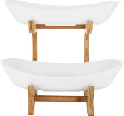 Produktbild von Obstschale aus Holz - 2-stöckige Obstetagere - Ovaler Obstteller - Abnehmbare stapelbare Konstruktion - Servierplatte für Obst, Desserts, Süßigkeiten