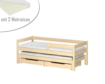 Produktbild von Ausziehbett 200x90 Kinderbett mit Rausfallschutz & Lattenrost naturbelassen 90 x 200 für Mädchen und Jungen Massivholz Kiefer und MDF Möbelplatte, mit Matratzen und Schubladen