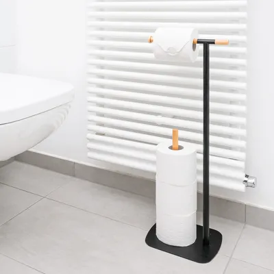 Produktbild von Navaris Toilettenpapierhalter stehend schwarz natur - Klopapierhalter Halter für Toilettenpapier WC Ständer - Klorollenhalter ohne Bohren - Metall