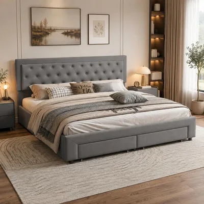 Productafbeelding van INONEFT Hydraulisch verstelbaar bed met kussenbodem, 180x200 cm, tweepersoonsbed met 2 lades, boxspringbed met lattenbodem, zonder matras, fluweel, grijs, AI-gegenereerde afbeelding