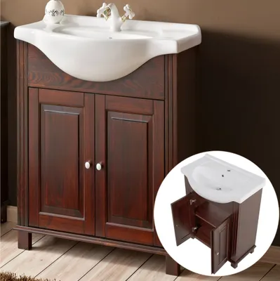 Produktbild von Waschtischunterschrank 65 cm mit Keramikbecken AVEIRO-56, Pinie Massivholz braun, B/H/T ca. 65/83/44 cm