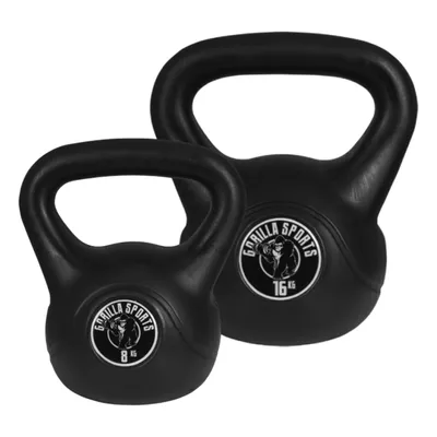 Obrázek produktu pro Sada kettlebellů GORILLA SPORTS® – 24 kg (8 kg + 16 kg), z plastu – kettlebell, houpací činka, kuličková činka