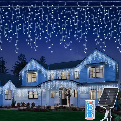 Produktbild von Izrielar 5M LED Solar Lichterkette LED Eisregen 200 LEDs Eiszapfen Lichtervorhang mit Fernbedienung Innen Outdoor Garten Deko Kaltweiß