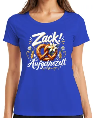 Produktbild von Zack! Aufgebrezelt Bayern Brezel Wiesn Trachtenshirt Lederhose Damen T-Shirt, Blau, XL
