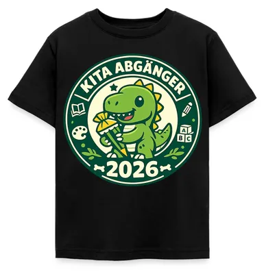 Produktbild von Spreadshirt Kita Abgänger 2026 Dino Mit Schultüte Kinder T-Shirt, 98/104 (3-4 Jahre), Schwarz