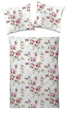 Produktbild von Designette Bettwäsche Satin - rosa Blumen auf weißem Hintergrund 155 x 220 cm rosa Blumen auf weißem Hintergrund