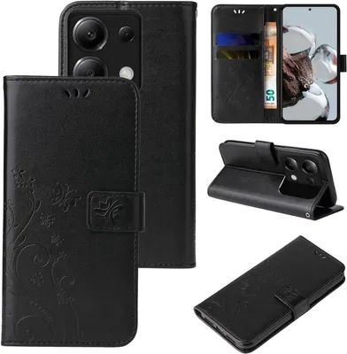 A collage of images showing a black flip phone case with floral and butterfly embossing, displaying its front, open, and folded states.