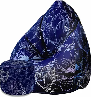 Image de Dreamroots Bean Bag 80x80x120cm Pouf avec dossier et tabouret et housse Coussin de sol Sac Bubibag Pouf avec remplissage avec Navy Flowers