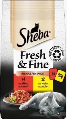 Produktbild von Sheba Fresh Fine Sachet – Nassfutter für Katzen in Sauce mit Huhn und Rind 12 x (6x50g)