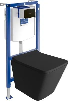 Produktbild von DOMINO Villeroy&Boch ViConnect H112 Vorwandelement Unterputz WC mit Bedienplatte + Wand Hänge Tiefspül WC Lago Schwarz Spülrandlos | WC Komplett set |