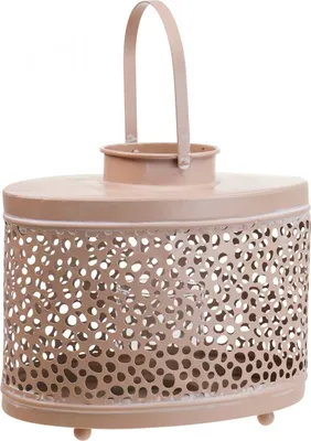 Produktbild von Romantische Deko Laterne Oval Rosa Windlicht aus Metall mit Tropfenmuster für Tischdeko und Kerzenschatten 27x16x23cm